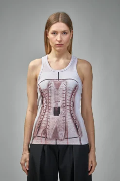 Jean Paul Gaultier Cotton Ribbed Tank Top Printed ''Trompe L'Ceil Corset'' - LABELS