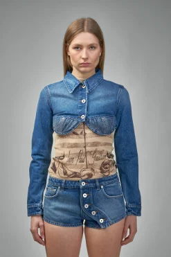 Jean Paul Gaultier Denim Cropped Jacket With Topstitching Details On Cups - LABELS