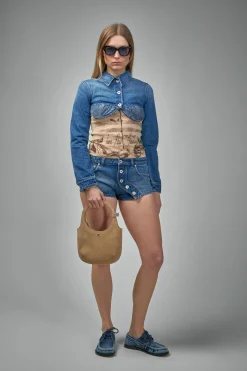 Jean Paul Gaultier Denim Cropped Jacket With Topstitching Details On Cups - LABELS