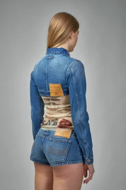 Jean Paul Gaultier Denim Cropped Jacket With Topstitching Details On Cups - LABELS