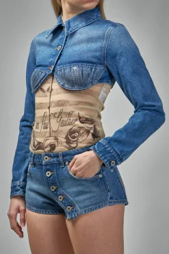 Jean Paul Gaultier Denim Cropped Jacket With Topstitching Details On Cups - LABELS
