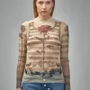 Jean Paul Gaultier Mesh Longsleeves Top Printed ''Tattoo Mariniere''Riniere'' - LABELS