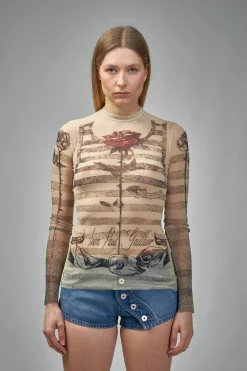 Jean Paul Gaultier Mesh Longsleeves Top Printed ''Tattoo Mariniere''Riniere'' - LABELS