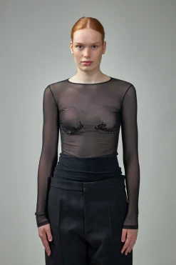 Jean Paul Gaultier Mesh Long Sleeve Top Velvet Flock ''JEAN PAUL GAULTIER'' - LABELS