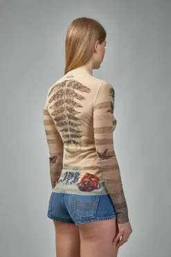 Jean Paul Gaultier Mesh Longsleeves Top Printed ''Tattoo Mariniere''Riniere'' - LABELS