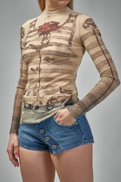 Jean Paul Gaultier Mesh Longsleeves Top Printed ''Tattoo Mariniere''Riniere'' - LABELS